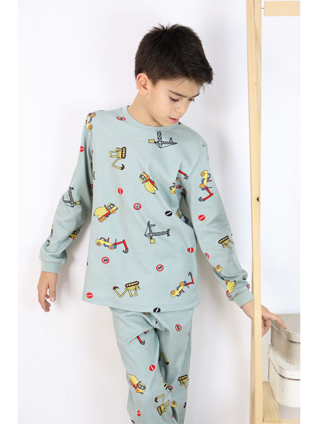 Yeşil Erkek Çocuk Baskılı interlok Kumaş Uzun Kollu Pijama Takımı-7