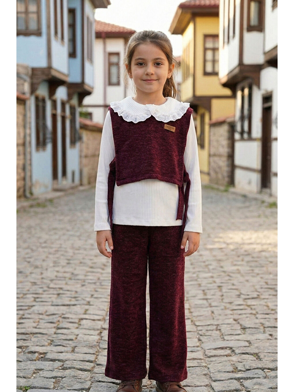 Bordo Kız Çocuk Dantel Yaka Penyeli Süveterli Alt Üst Takım