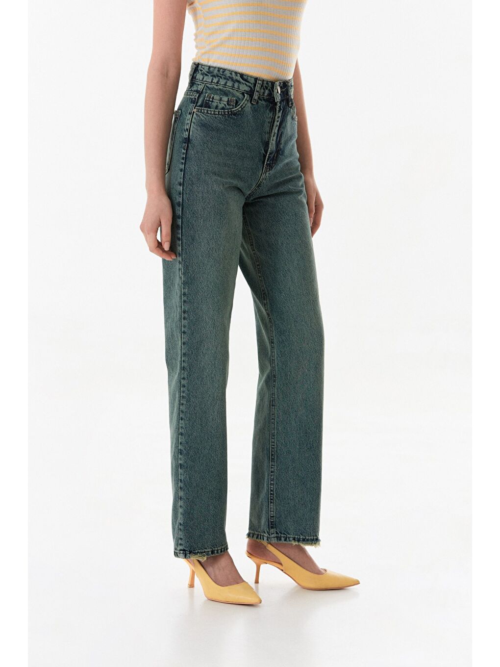 Mavi Yüksek Bel Düğmeli Wide Leg Jean-1