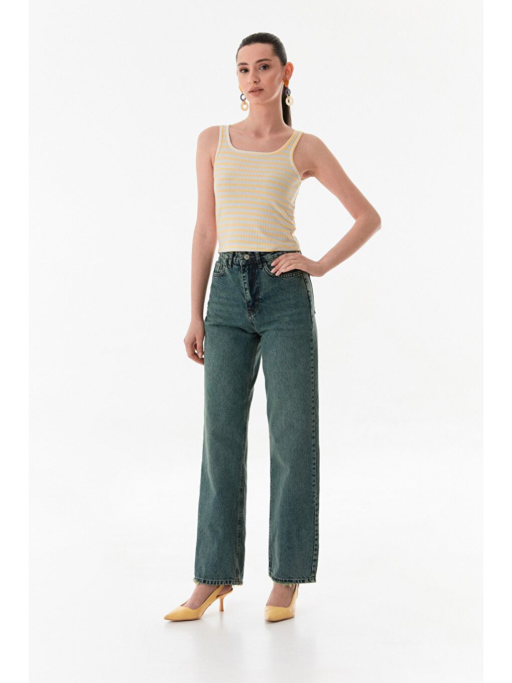 Mavi Yüksek Bel Düğmeli Wide Leg Jean-2