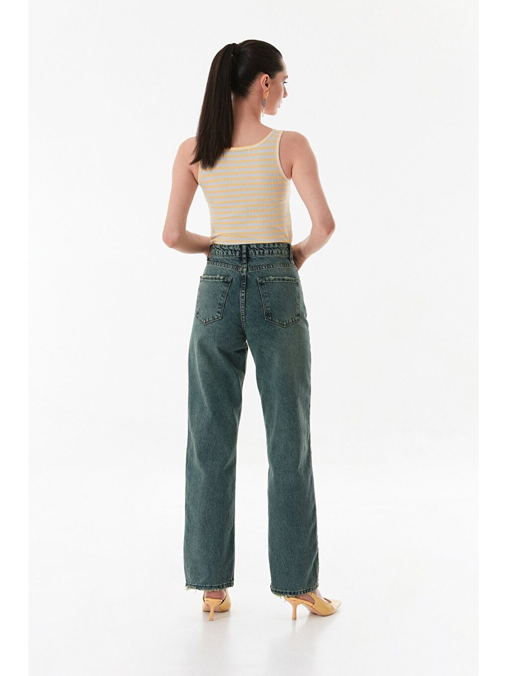 Mavi Yüksek Bel Düğmeli Wide Leg Jean-4