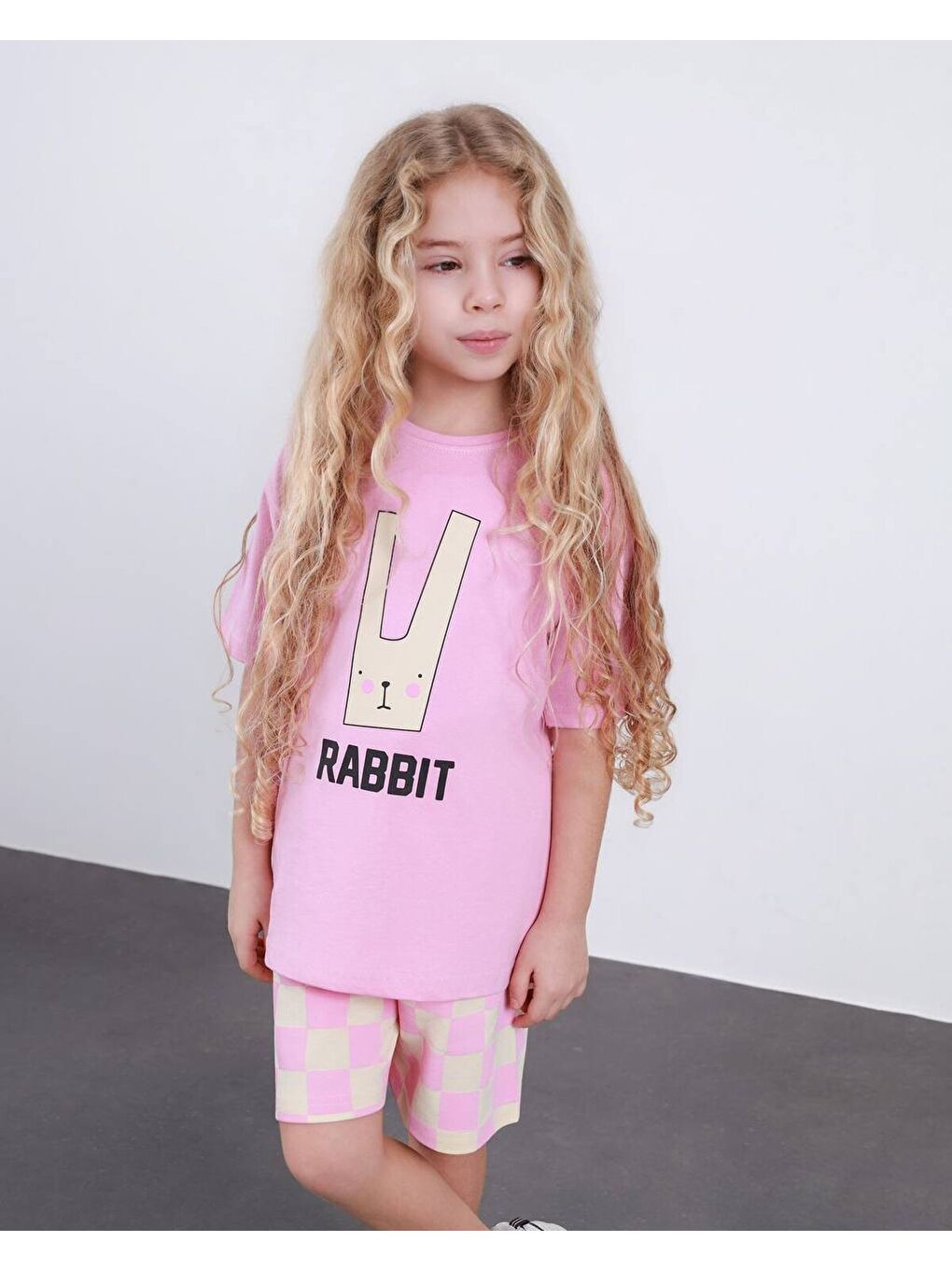 Pembe Kız Çocuk Ekose Desenli Şort T-Shirt Alt Üst Takım-2