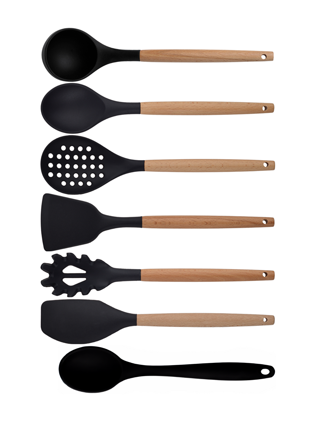 Kitchen Design Lab Siyah Bambu Silikon - Kepçe, Kaşık, Kevgir, Makarna, Açılı - Düz Spatula, Silikon Kaşık 7 li Set