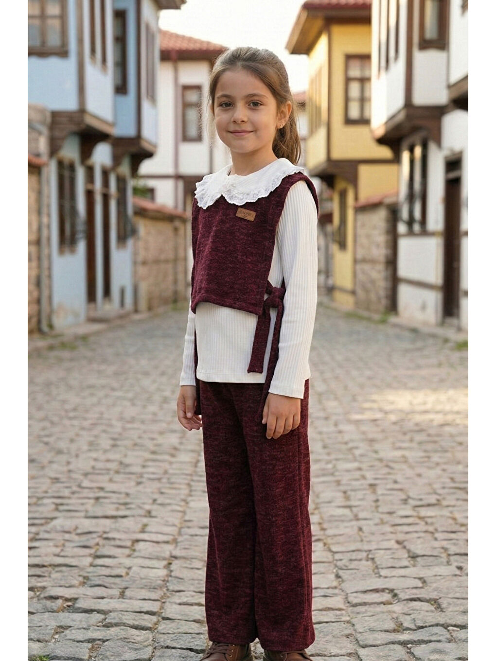 Bordo Kız Çocuk Dantel Yaka Penyeli Süveterli Alt Üst Takım-1