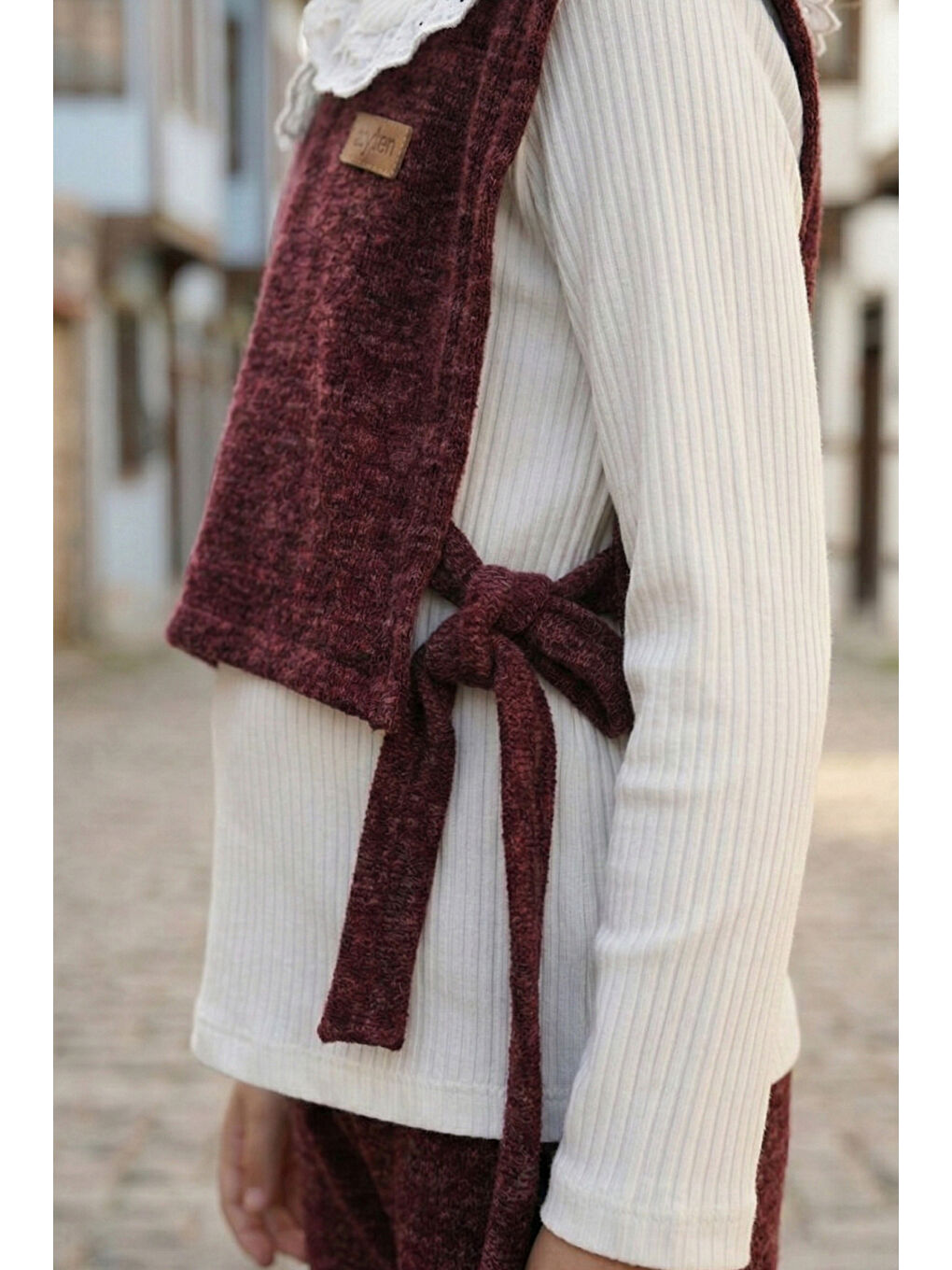 Bordo Kız Çocuk Dantel Yaka Penyeli Süveterli Alt Üst Takım-2