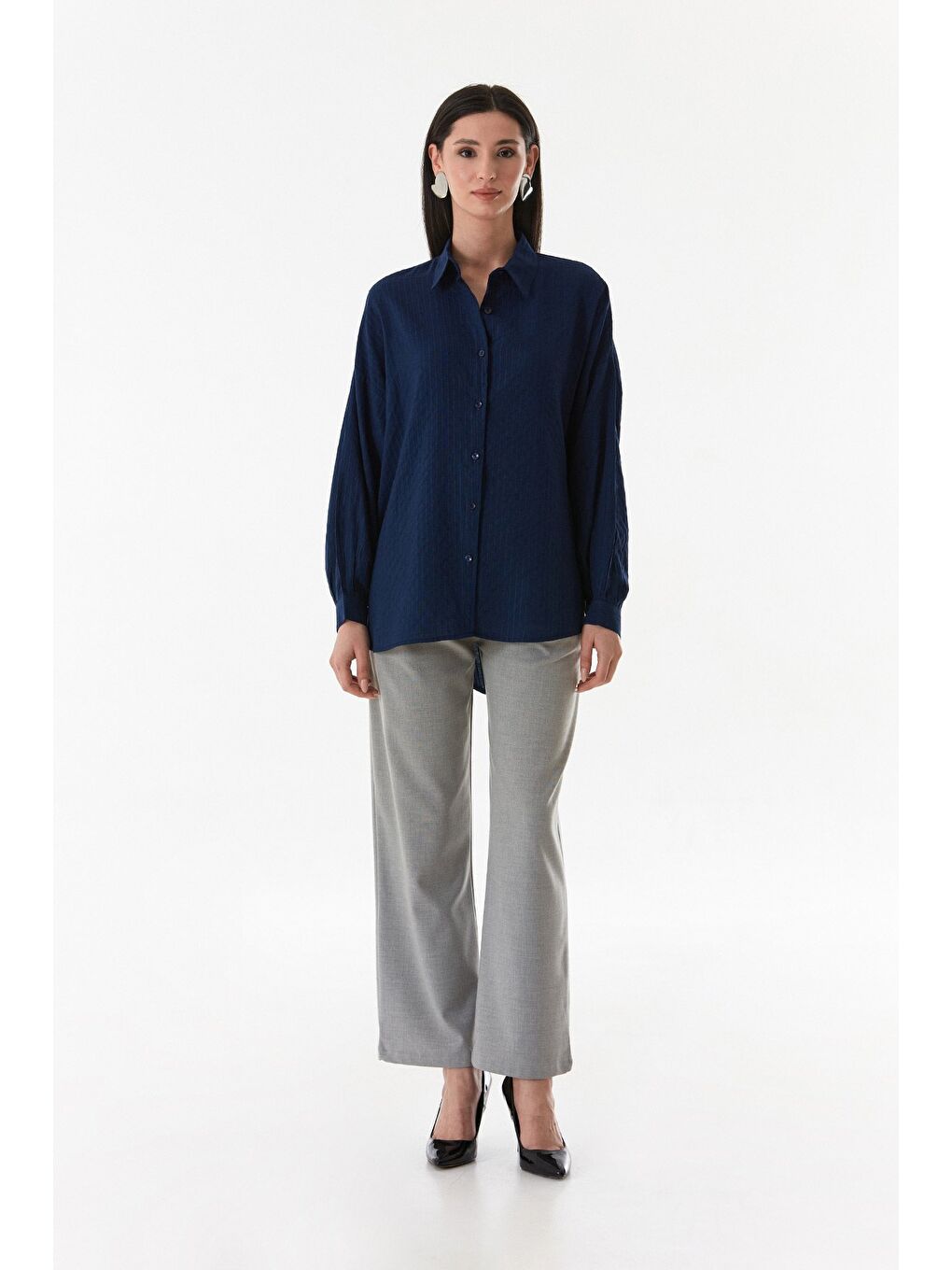 Lacivert Çizgili Arkası Uzun Salaş Gömlek-1