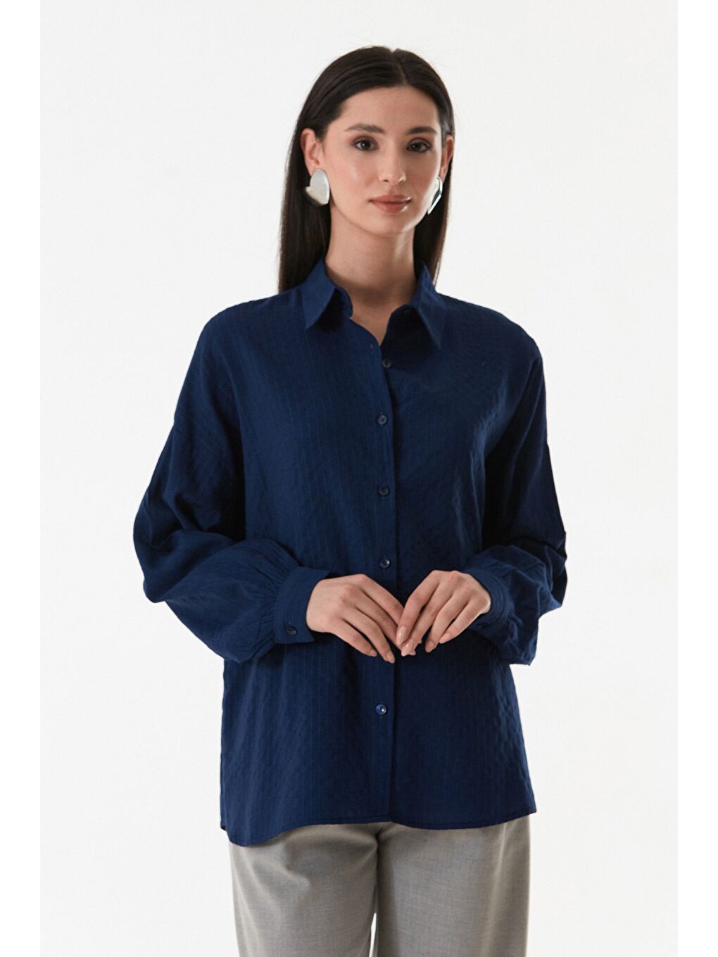 Lacivert Çizgili Arkası Uzun Salaş Gömlek-2