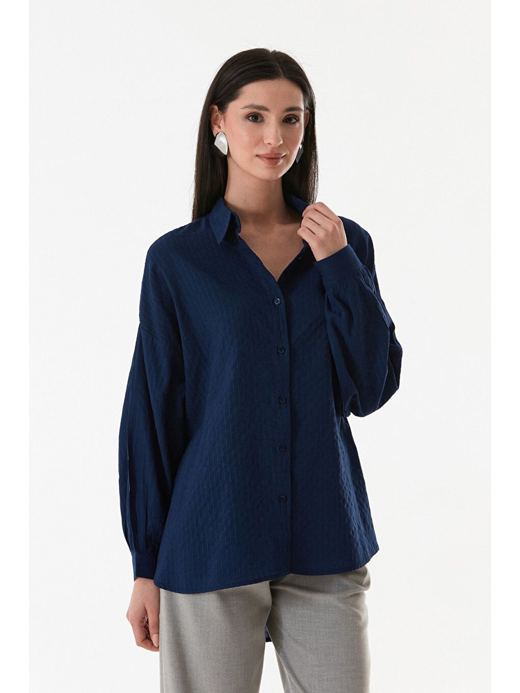 Lacivert Çizgili Arkası Uzun Salaş Gömlek-3