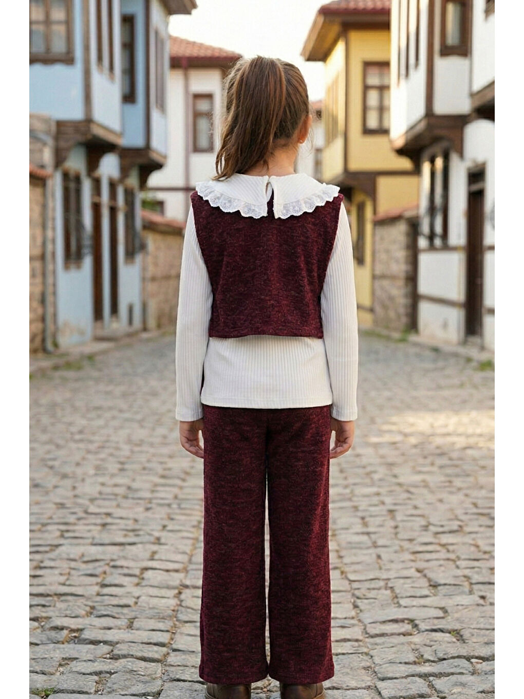 Bordo Kız Çocuk Dantel Yaka Penyeli Süveterli Alt Üst Takım-4