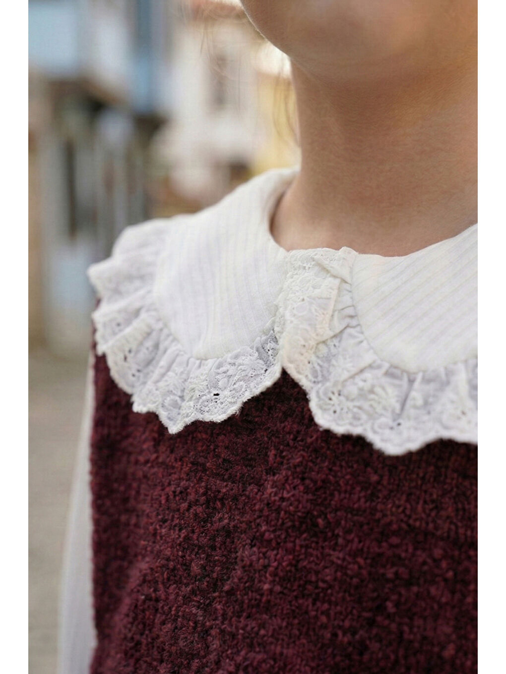 Bordo Kız Çocuk Dantel Yaka Penyeli Süveterli Alt Üst Takım-5