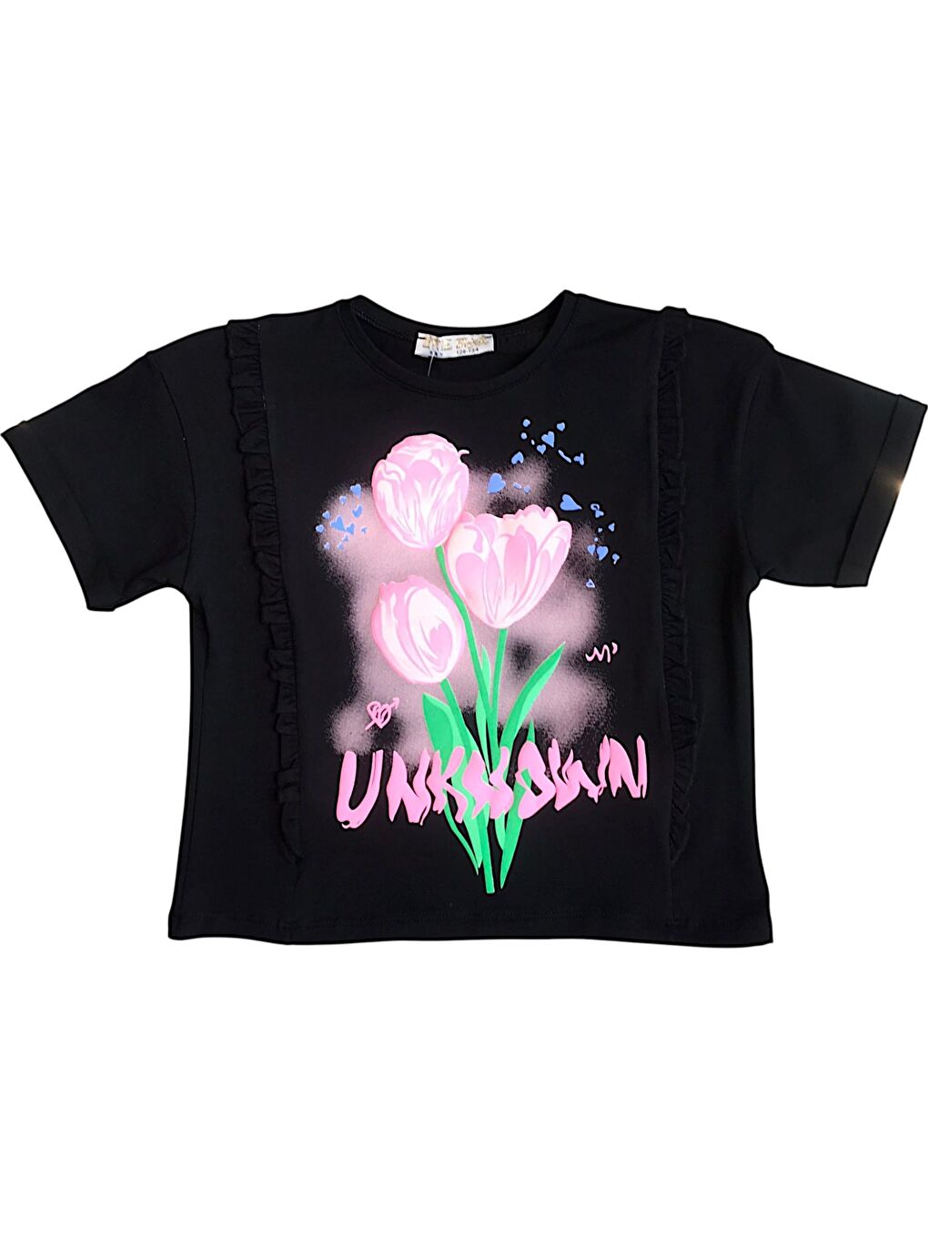 Siyah Kız Çocuk Çiçek Baskılı Fırfır Kenarlı Tshirt