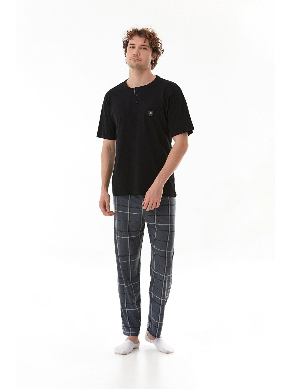 Gri Ekose Desenli %100 Pamuk Pijama Takımı