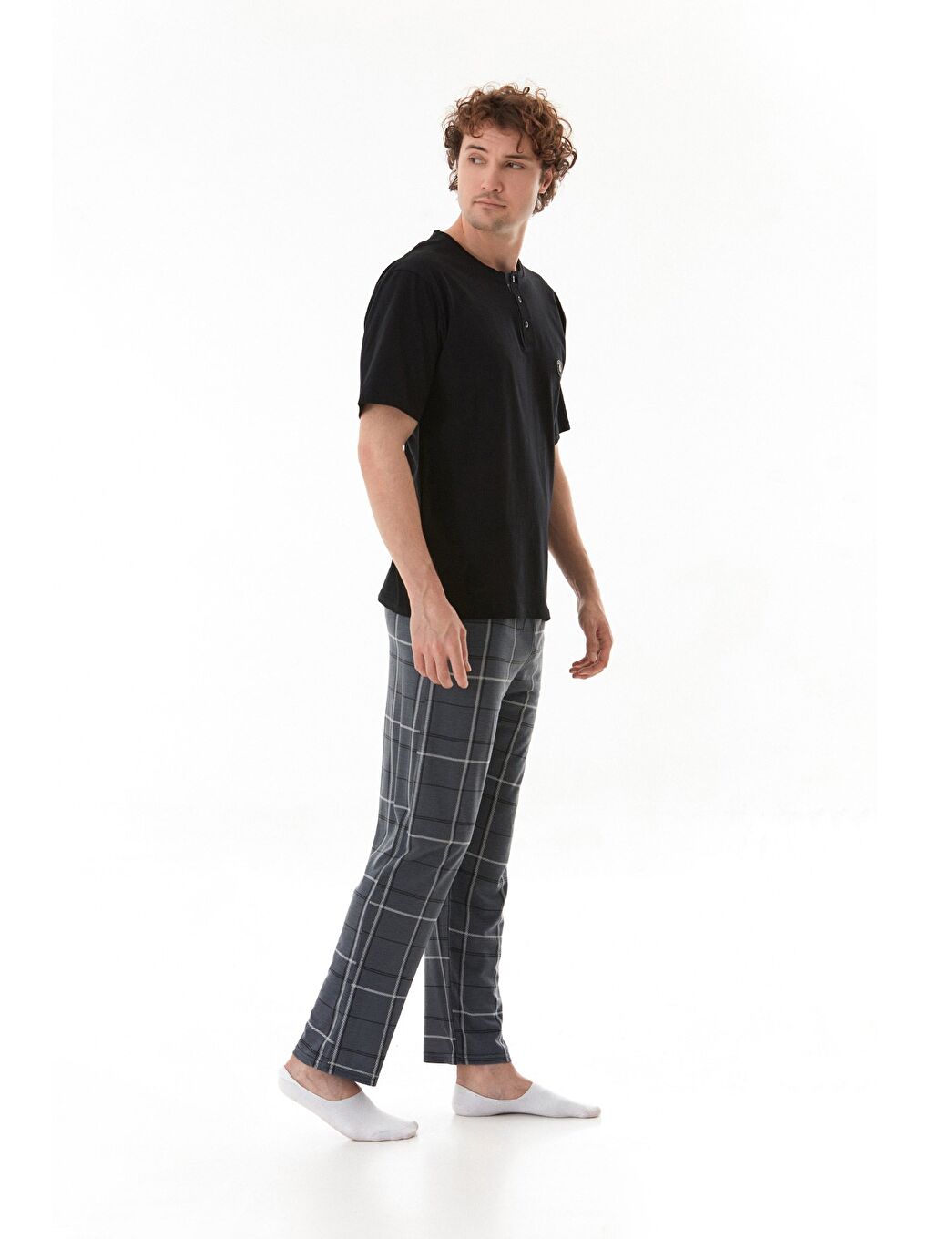 Gri Ekose Desenli %100 Pamuk Pijama Takımı-3