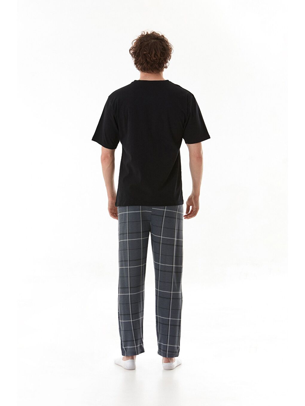 Gri Ekose Desenli %100 Pamuk Pijama Takımı-4