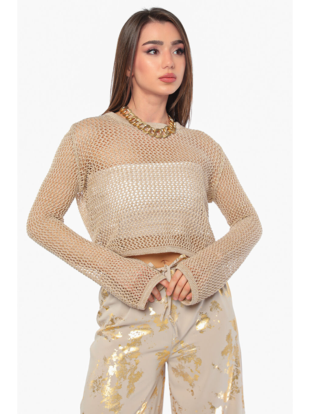 GÜLSELİ Bej Kadın Ajurlu Simli Crop Top File Triko Bluz - 1