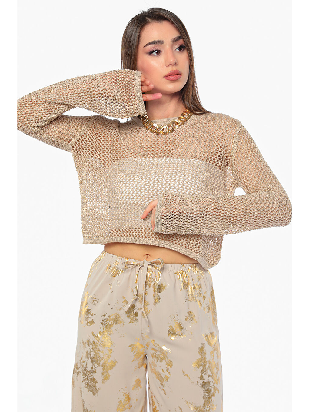 GÜLSELİ Bej Kadın Ajurlu Simli Crop Top File Triko Bluz - 3