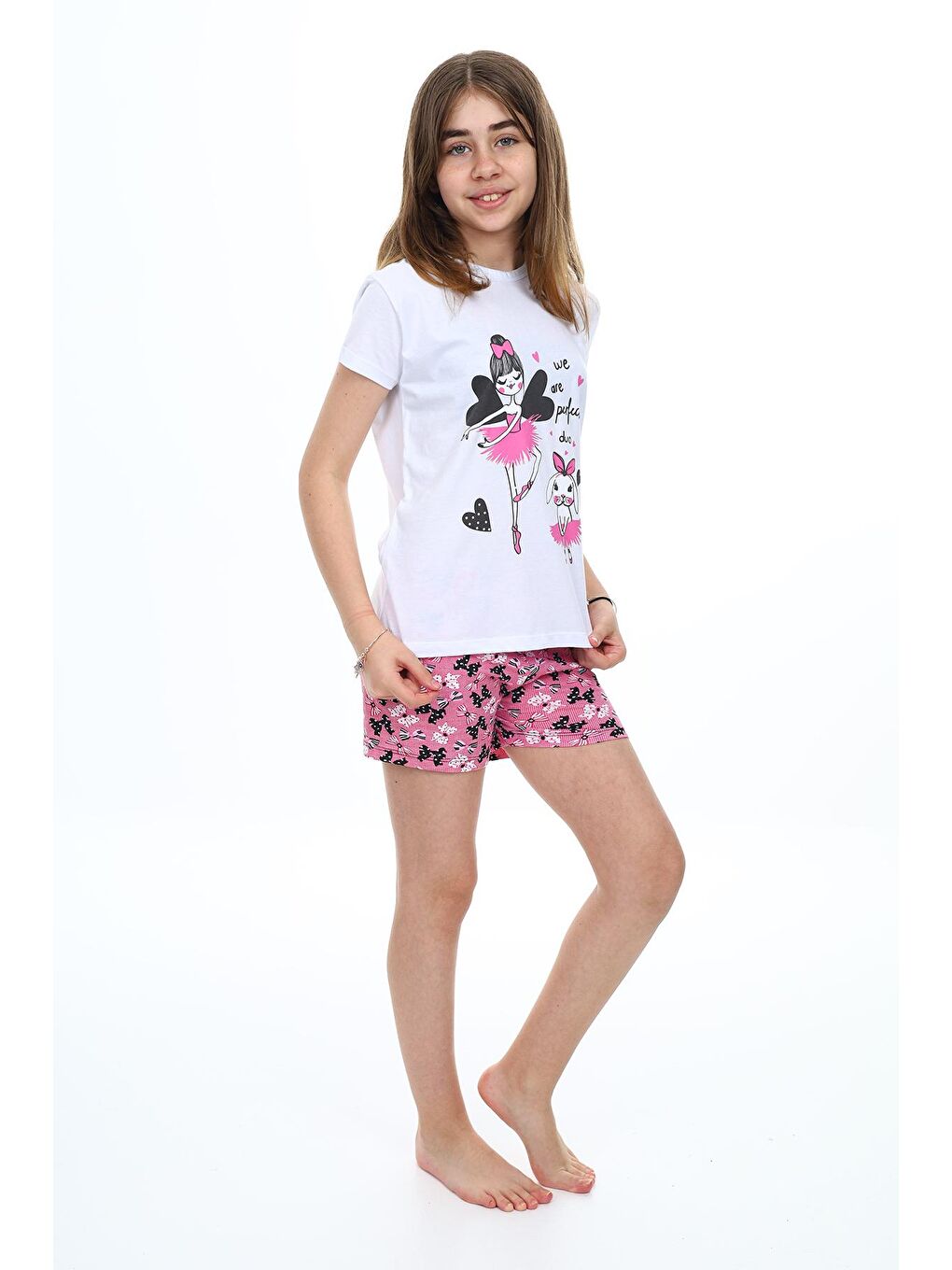 Beyaz Kız Çocuk Şortlu-Peri Baskılı Pijama Takımı 7-16 Yaş 0160-3