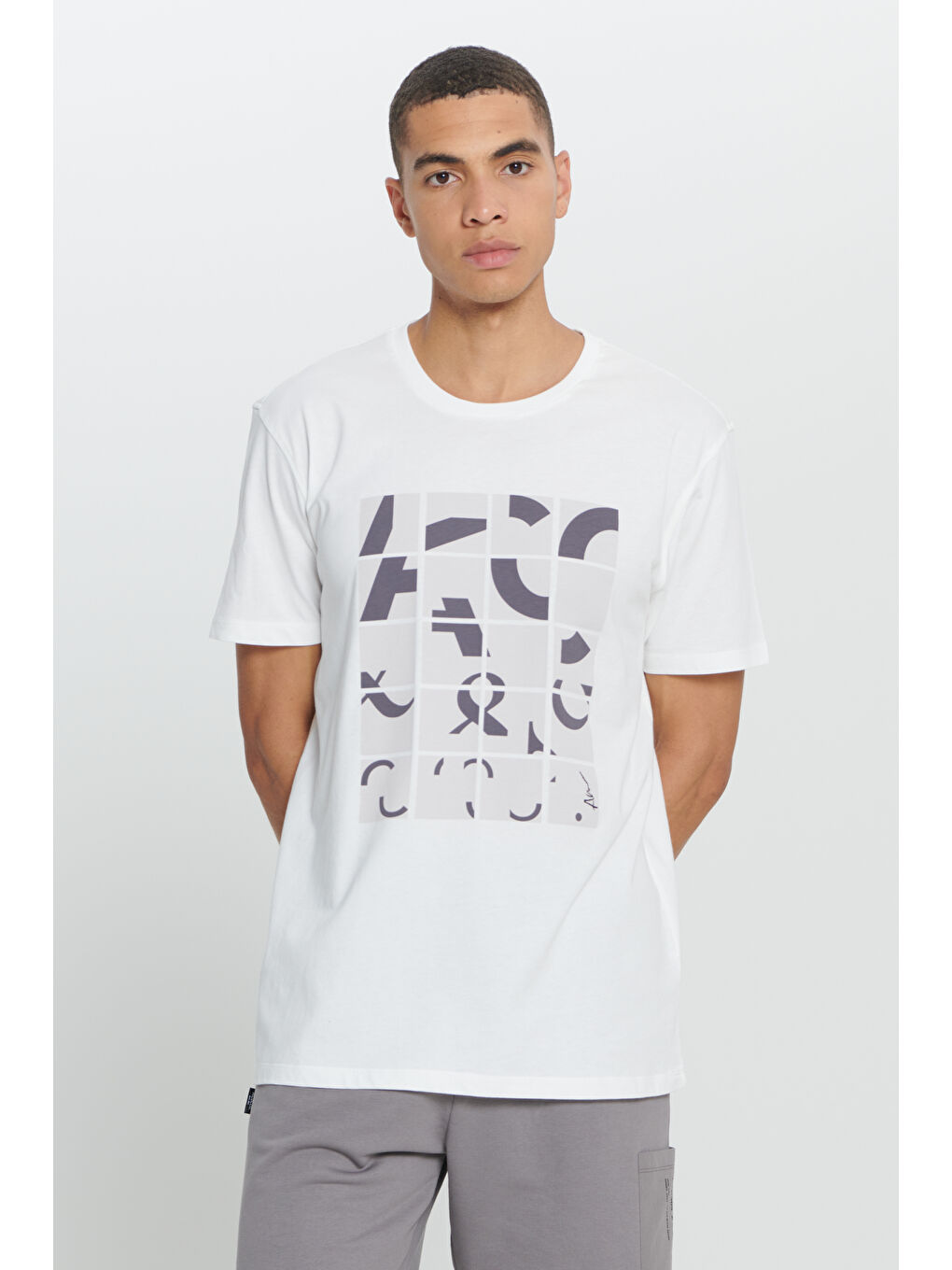 Erkek Beyaz Standart Fit Normal Kesim %100 Pamuk Baskılı Bisiklet Yaka Tişört-2