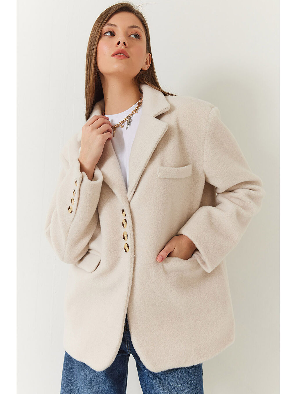 Ekru Kadın Kalın Kaşe Blazer Ceket Kısa Kaban