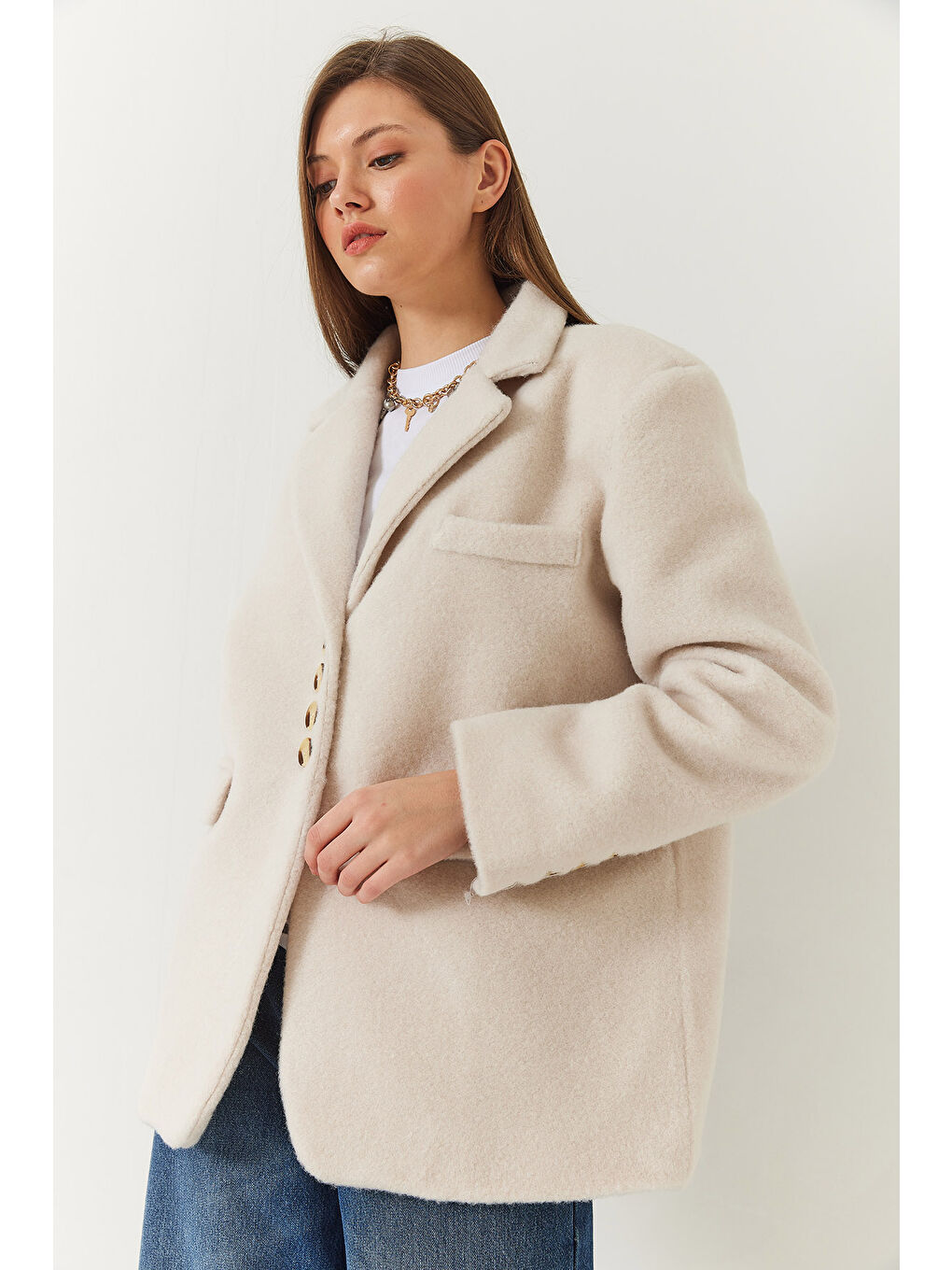 Ekru Kadın Kalın Kaşe Blazer Ceket Kısa Kaban-1