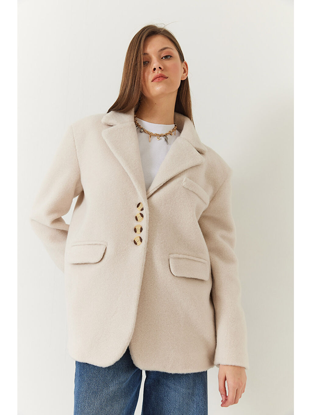 Ekru Kadın Kalın Kaşe Blazer Ceket Kısa Kaban-2