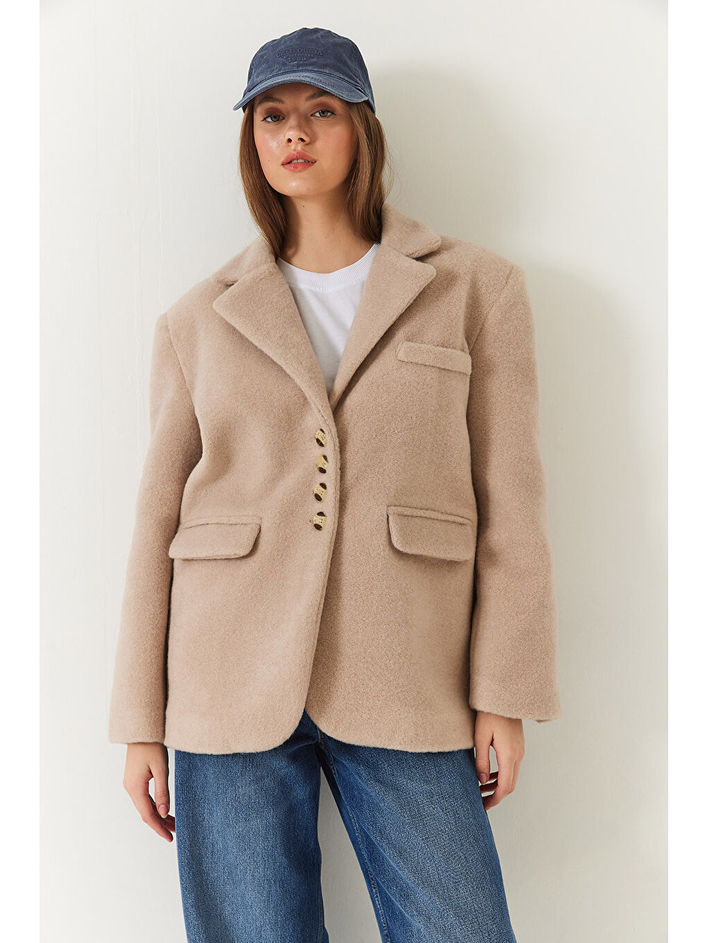Bej Kadın Kalın Kaşe Blazer Ceket Kısa Kaban-2