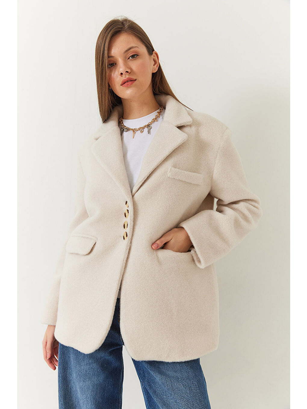 Ekru Kadın Kalın Kaşe Blazer Ceket Kısa Kaban-3