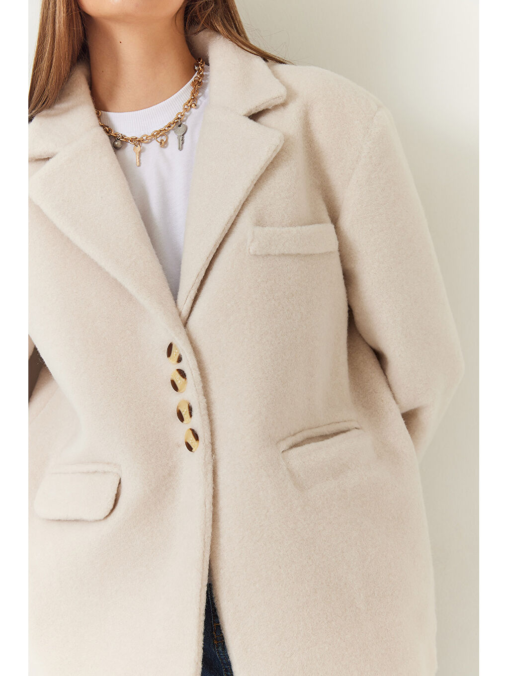 Ekru Kadın Kalın Kaşe Blazer Ceket Kısa Kaban-4