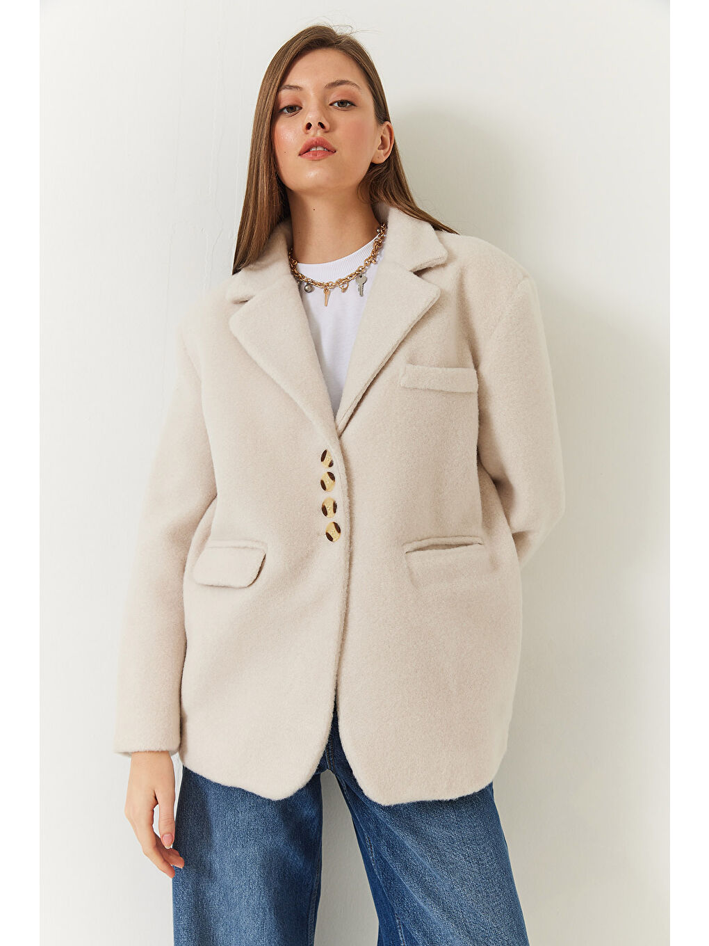 Ekru Kadın Kalın Kaşe Blazer Ceket Kısa Kaban-5