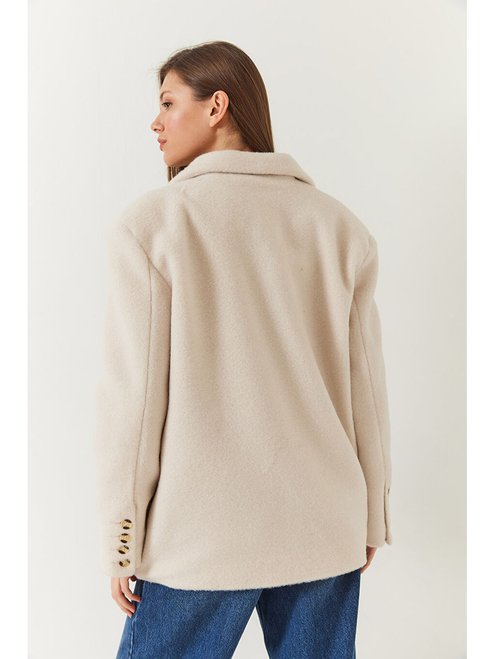 Ekru Kadın Kalın Kaşe Blazer Ceket Kısa Kaban-6