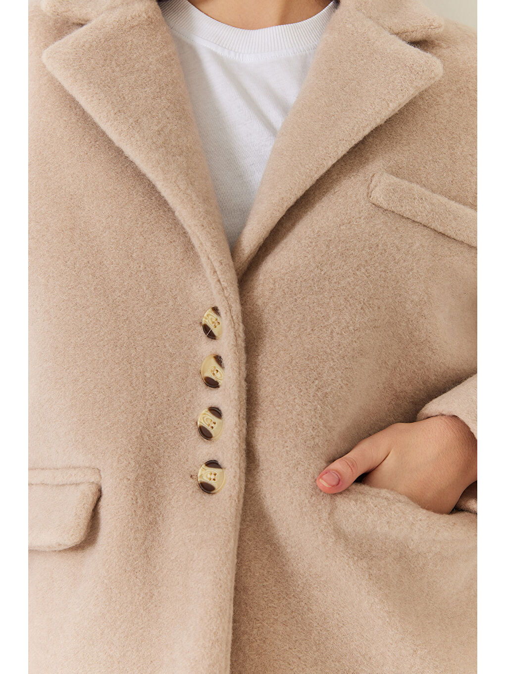 Bej Kadın Kalın Kaşe Blazer Ceket Kısa Kaban-5