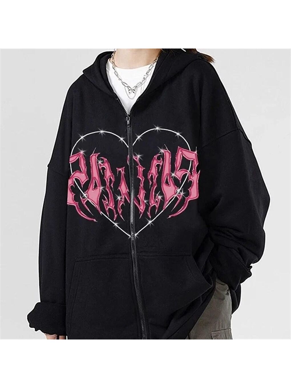 Touz Moda Siyah Harajuku Pink Heart with Black Spikes Hırka - 3