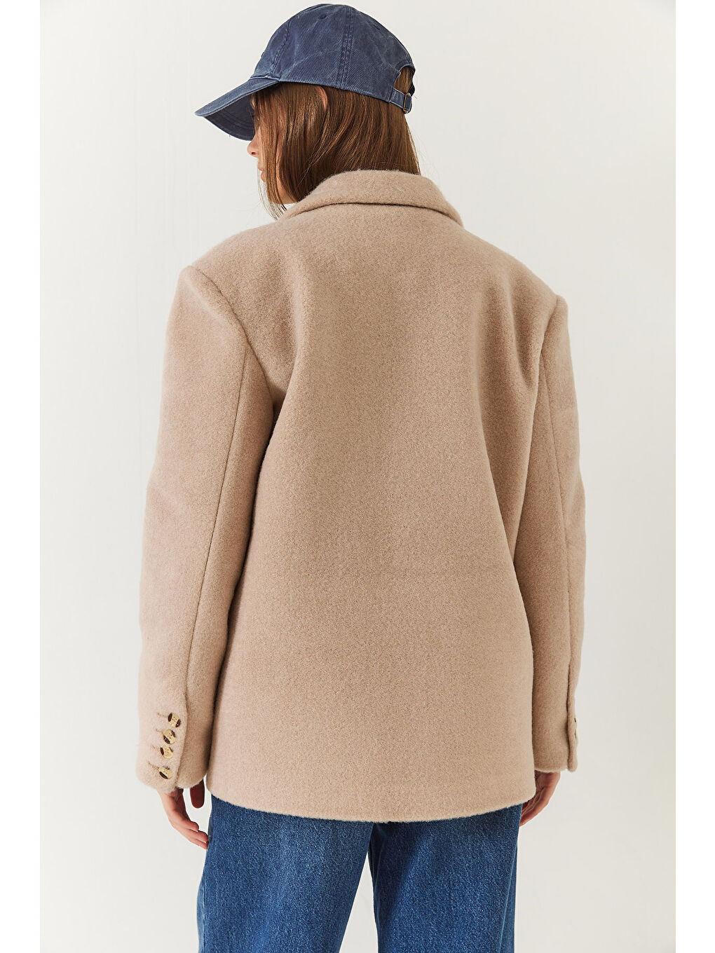 Bej Kadın Kalın Kaşe Blazer Ceket Kısa Kaban-6