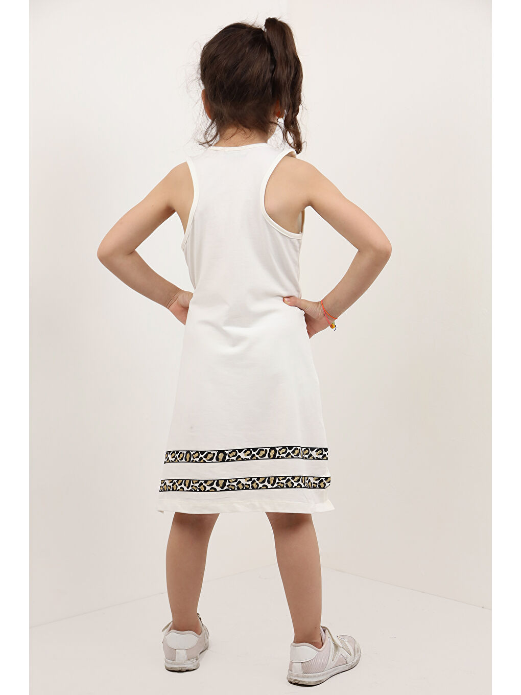 Kahverengi Kız Çocuk Baskılı Taş İşlemeli Elbise-2