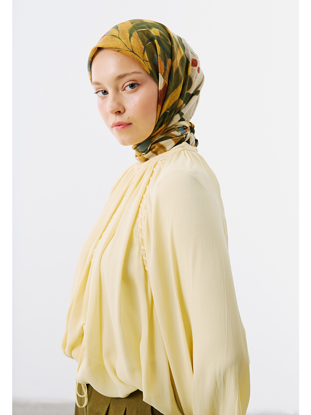 Lila Block Print Desen Vual Eşarp Hardal-1