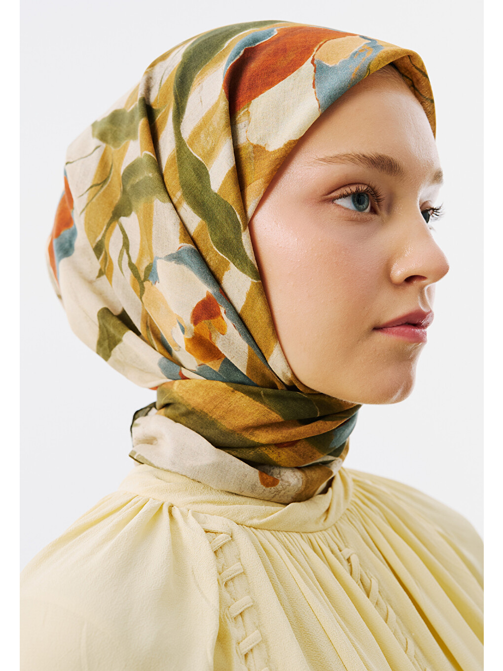 Lila Block Print Desen Vual Eşarp Hardal-2