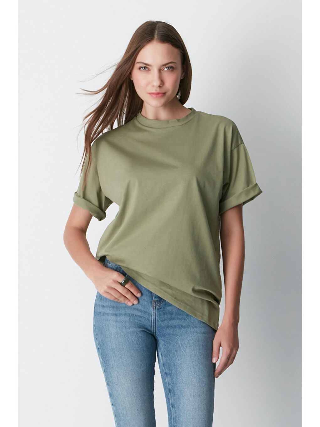 Bisiklet Yaka Kısa Kol 2'Li Casual Basic T-Shirt 961 Haki/Çağla-4