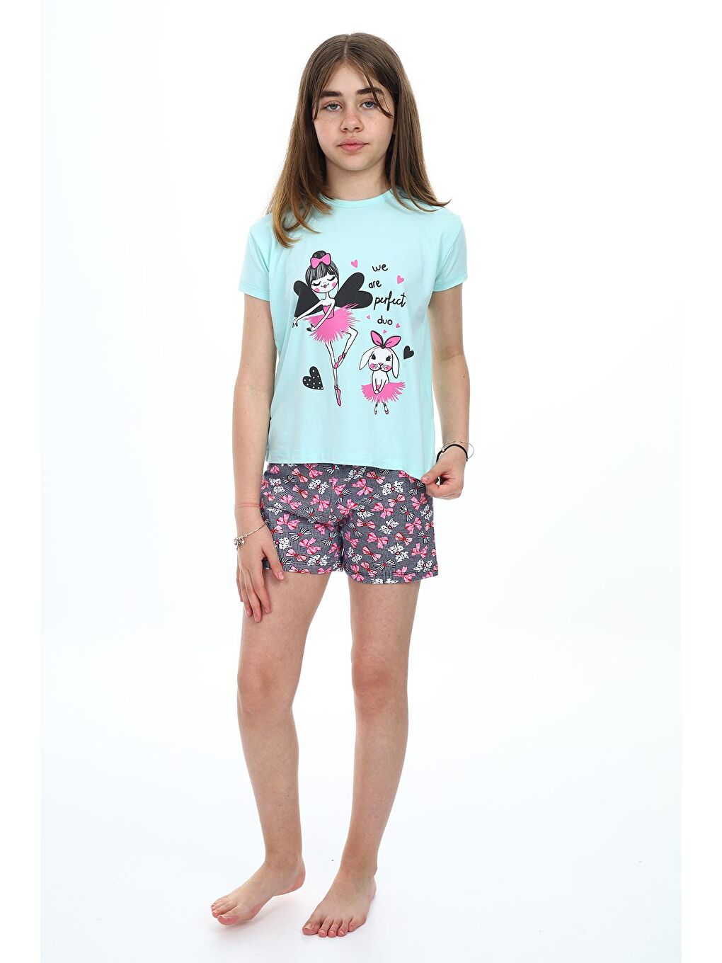 Turkuaz Kız Çocuk Şortlu-Peri Baskılı Pijama Takımı 7-16 Yaş 0160