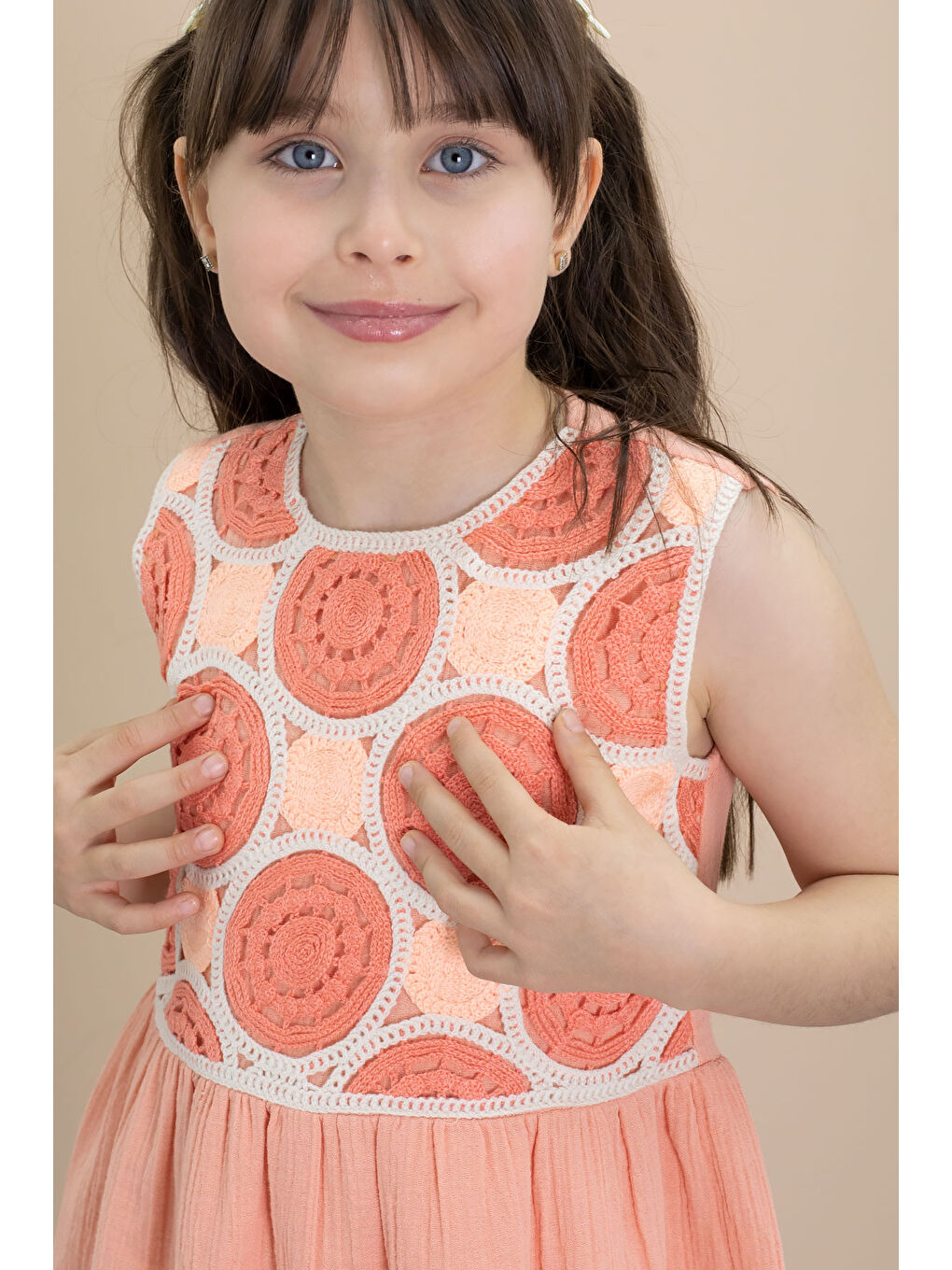 Turuncu Dantel İşlemeli Sıfır Kol Kız Çocuk Müslin Kumaş Elbise 21026-1