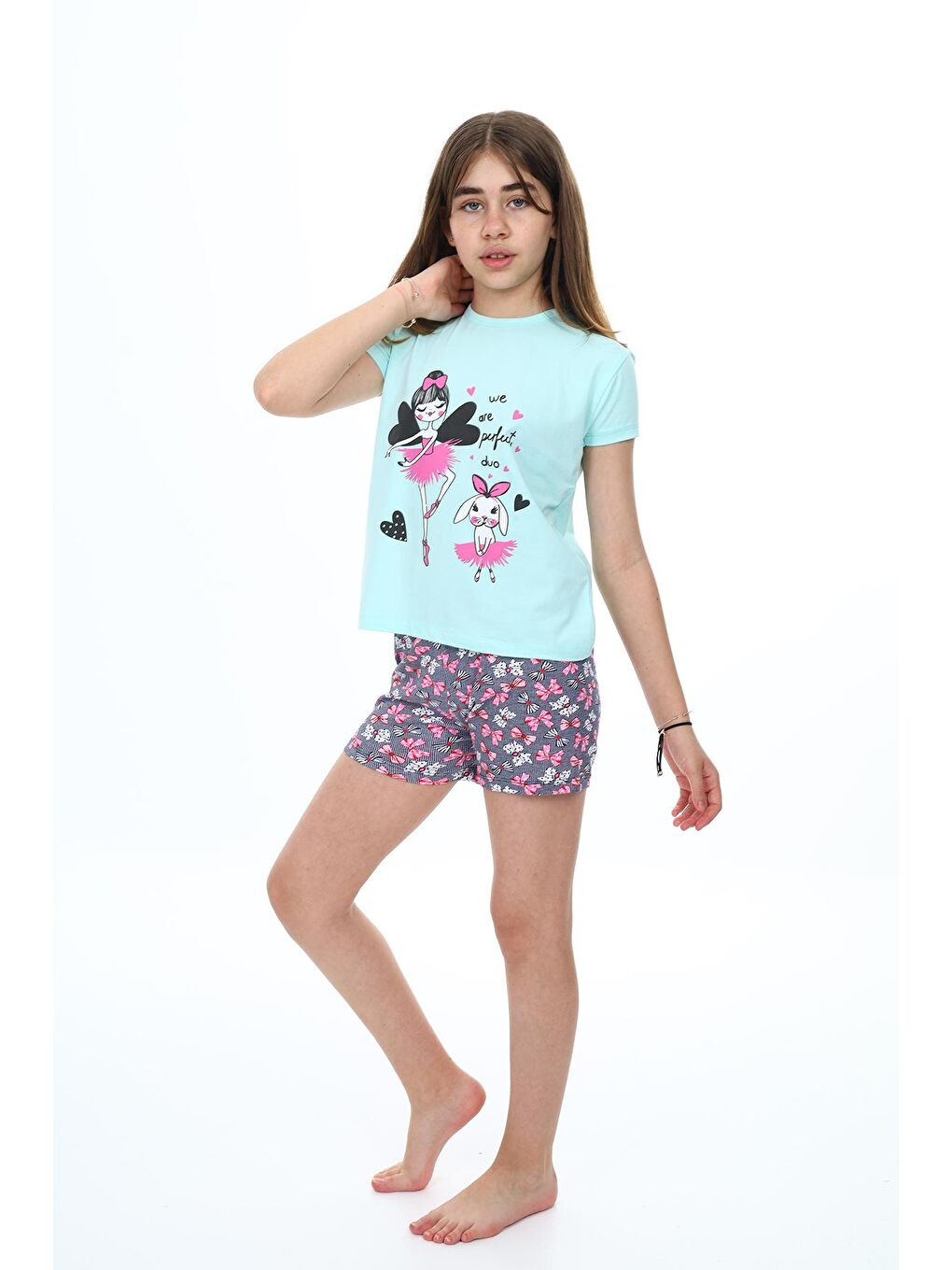 Turkuaz Kız Çocuk Şortlu-Peri Baskılı Pijama Takımı 7-16 Yaş 0160-1