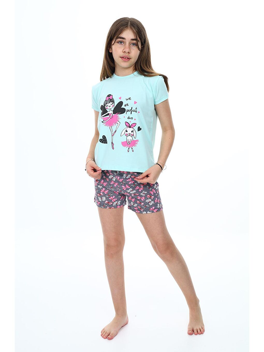 Turkuaz Kız Çocuk Şortlu-Peri Baskılı Pijama Takımı 7-16 Yaş 0160-2