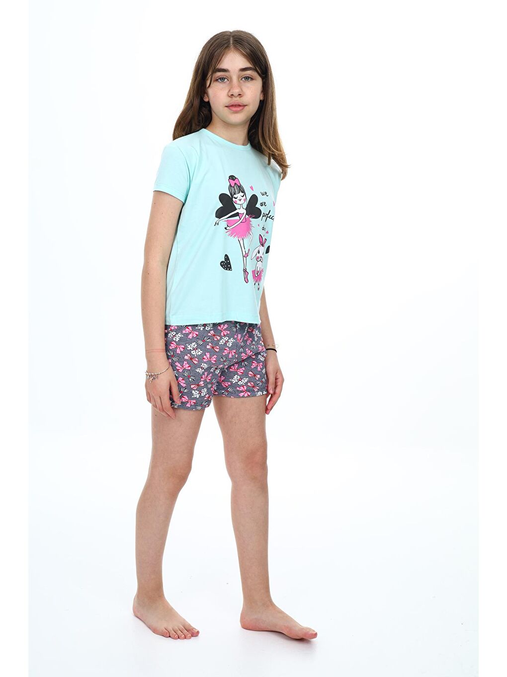 Turkuaz Kız Çocuk Şortlu-Peri Baskılı Pijama Takımı 7-16 Yaş 0160-3