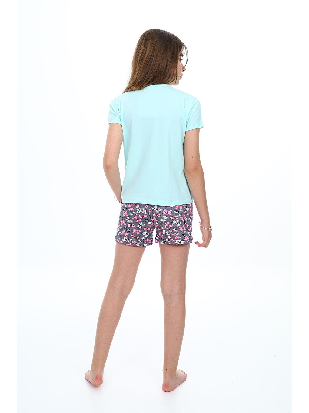 Turkuaz Kız Çocuk Şortlu-Peri Baskılı Pijama Takımı 7-16 Yaş 0160-4