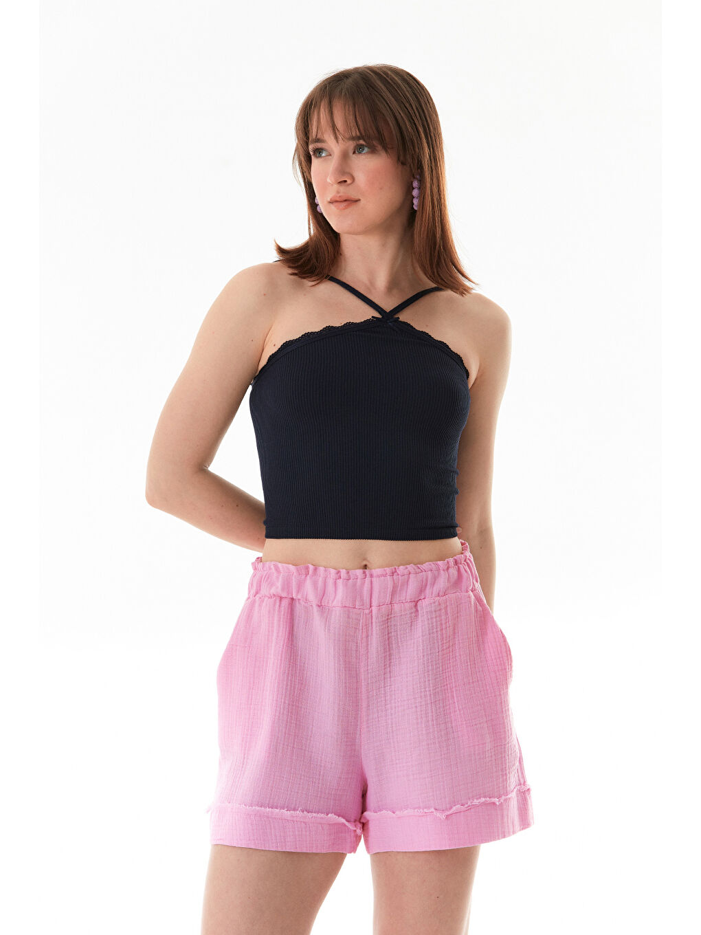 Lacivert Fitilli Çapraz Askılı Crop Body-2