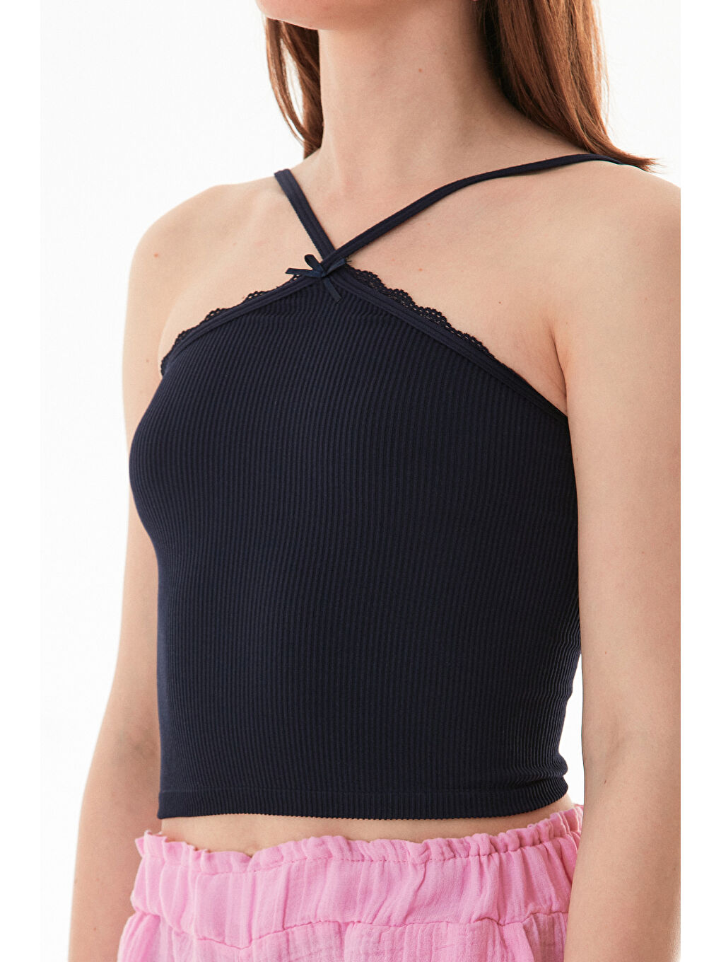 Lacivert Fitilli Çapraz Askılı Crop Body-4