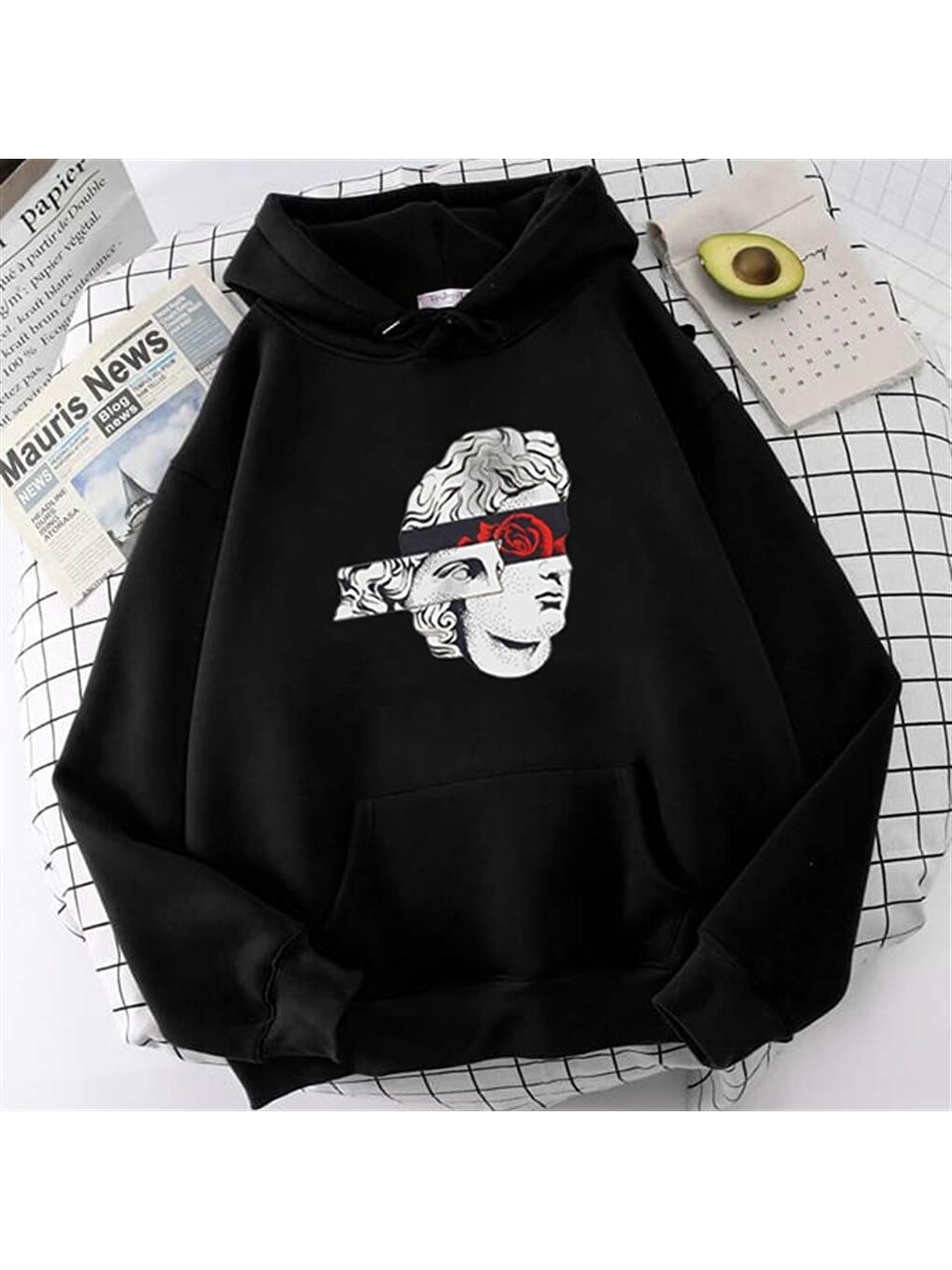 Statue Rose Siyah Unisex Kapüşonlu Oversize Sweatshirt Hoodie-1