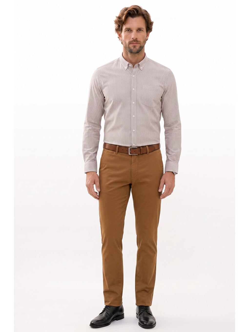 Erkek Slim Fit Dar Kesim %100 Pamuk Düğmeli Yaka Çizgili Uzun Kollu Cepli Keten Bej Gömlek-1