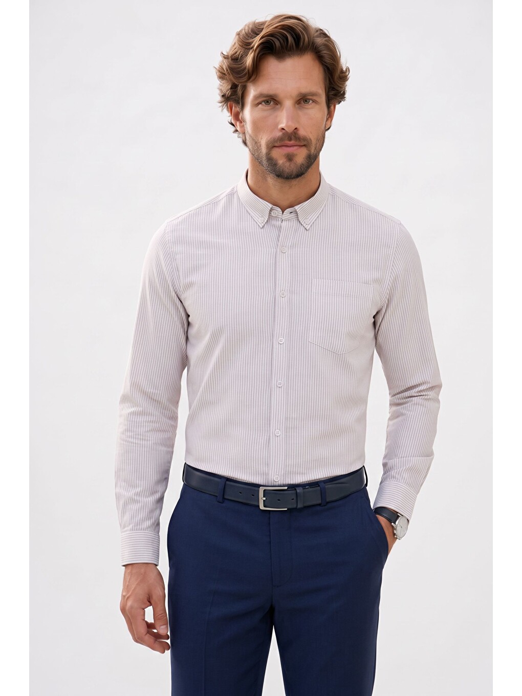 Erkek Slim Fit Dar Kesim %100 Pamuk Düğmeli Yaka Çizgili Uzun Kollu Cepli Keten Bej Gömlek-2