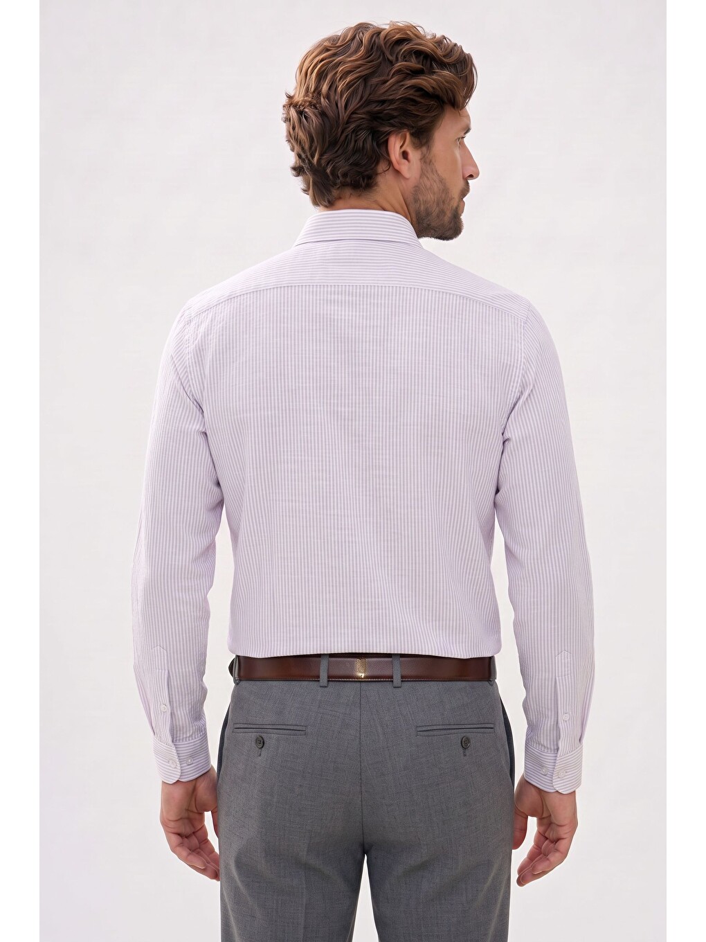 Erkek Slim Fit Dar Kesim %100 Pamuk Düğmeli Yaka Çizgili Uzun Kollu Cepli Keten Bej Gömlek-5