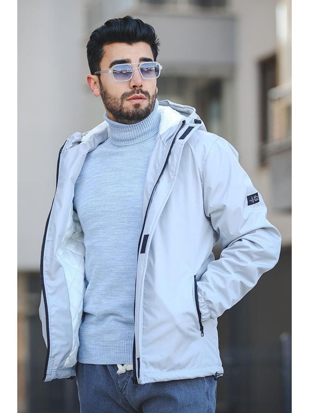 Gri Bondichk Kürklü Suya Dayanıklı Slim Fit Mont